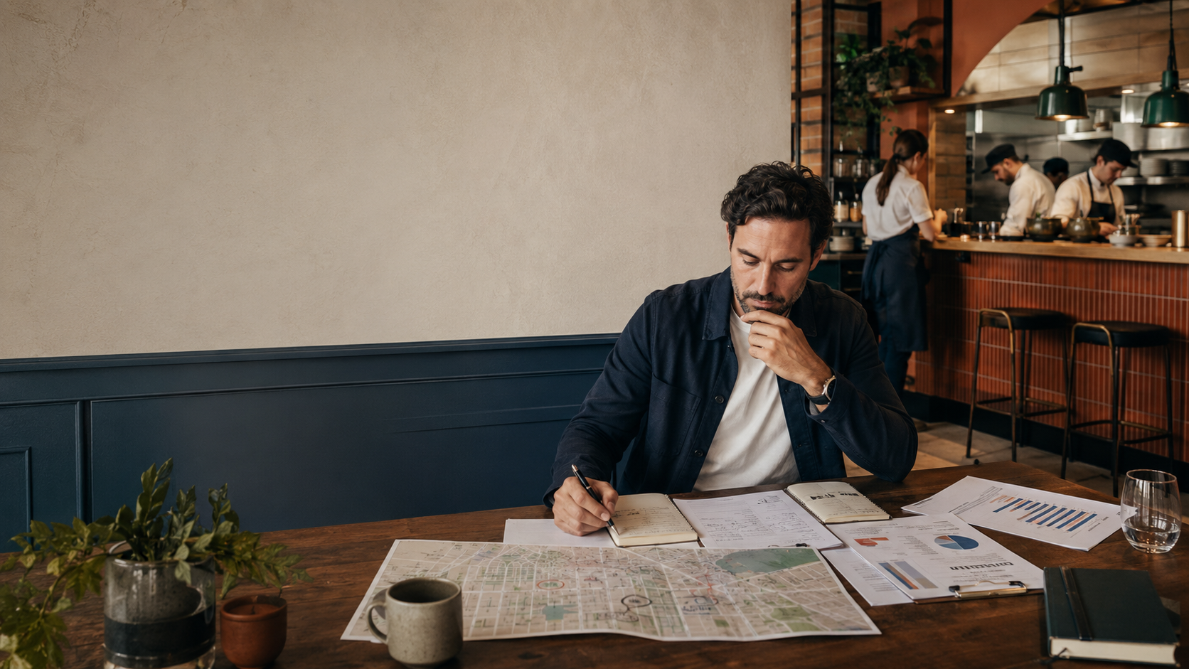 Propietario de un restaurante analizando un mapa y reportes para evaluar la apertura de una segunda sede.