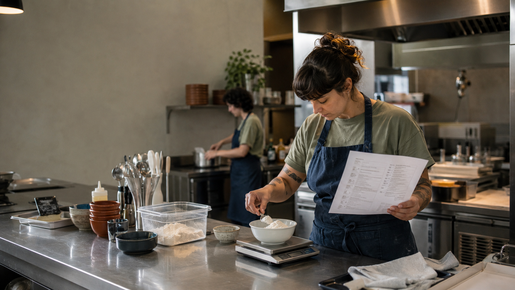 Cocinero pesando ingredientes junto a una ficha técnica de receta en la cocina de un restaurante.