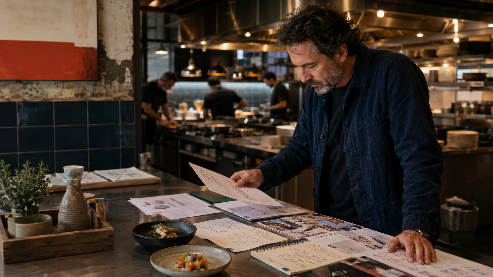 Propietario de restaurante analizando información de clientes, menú y tendencias antes de tomar una decisión de negocio.