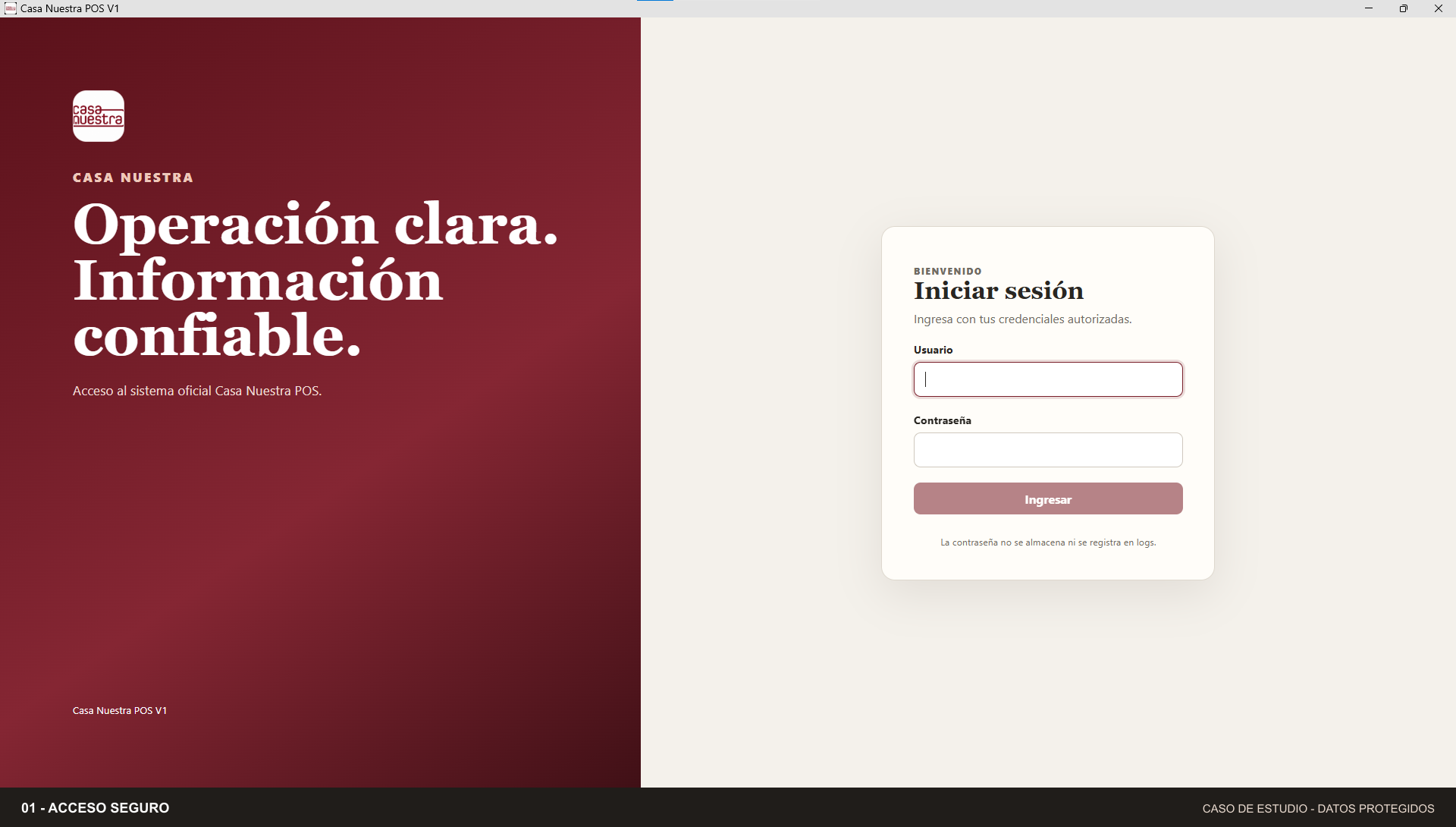 Pantalla de inicio de sesión de Casa Nuestra POS, con presentación de marca a la izquierda y formulario de acceso a la derecha.
