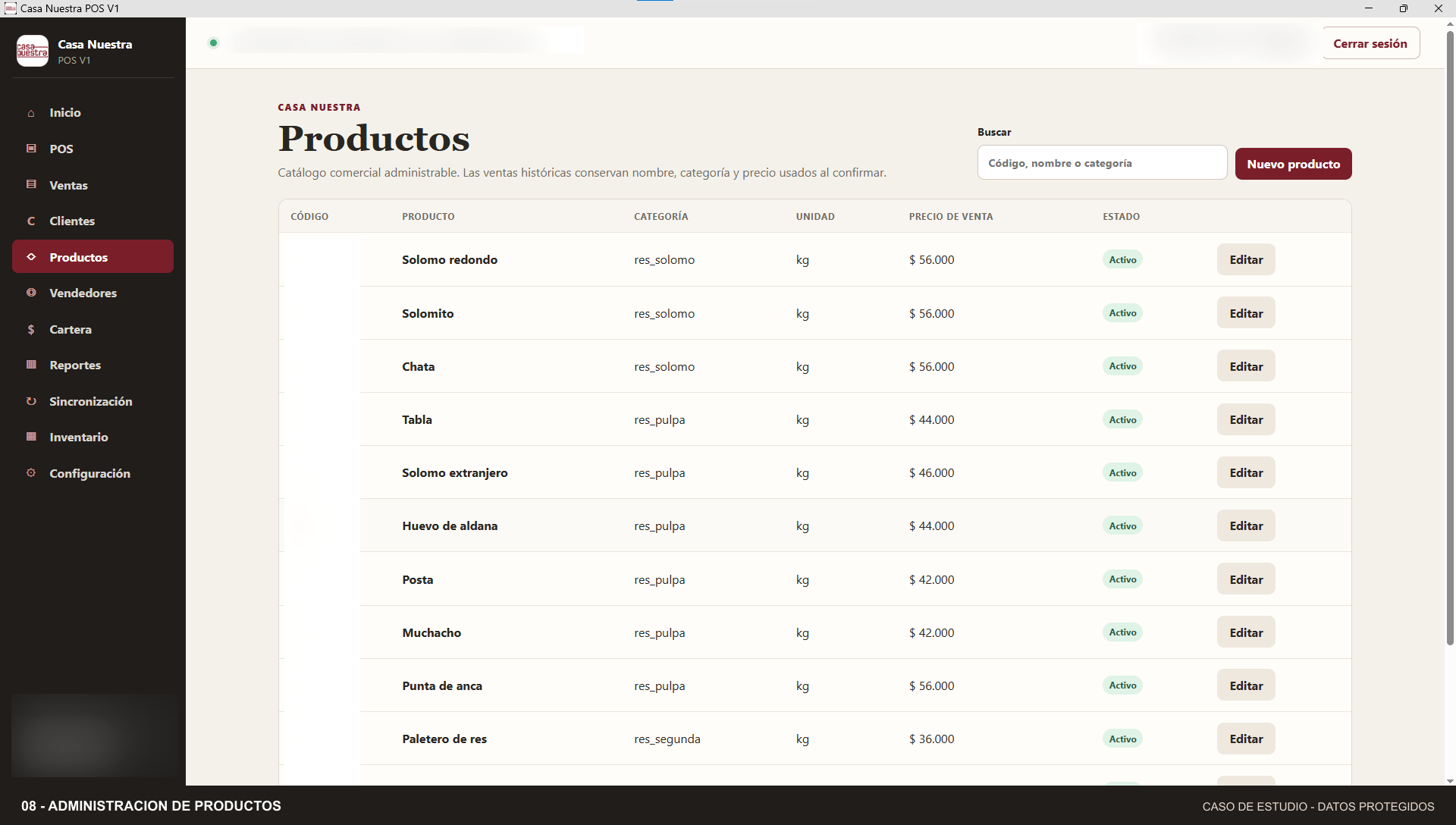 Módulo de productos con catálogo administrable, categorías, unidades, precios de venta y estado activo.